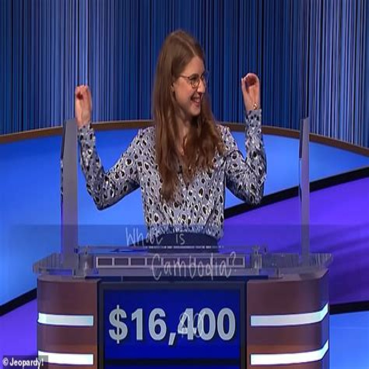 Jeopardy! contestant Mira Hayward leaves viewers in stitches after accidentally making a VERY X-rated gesture to celebrate her win
